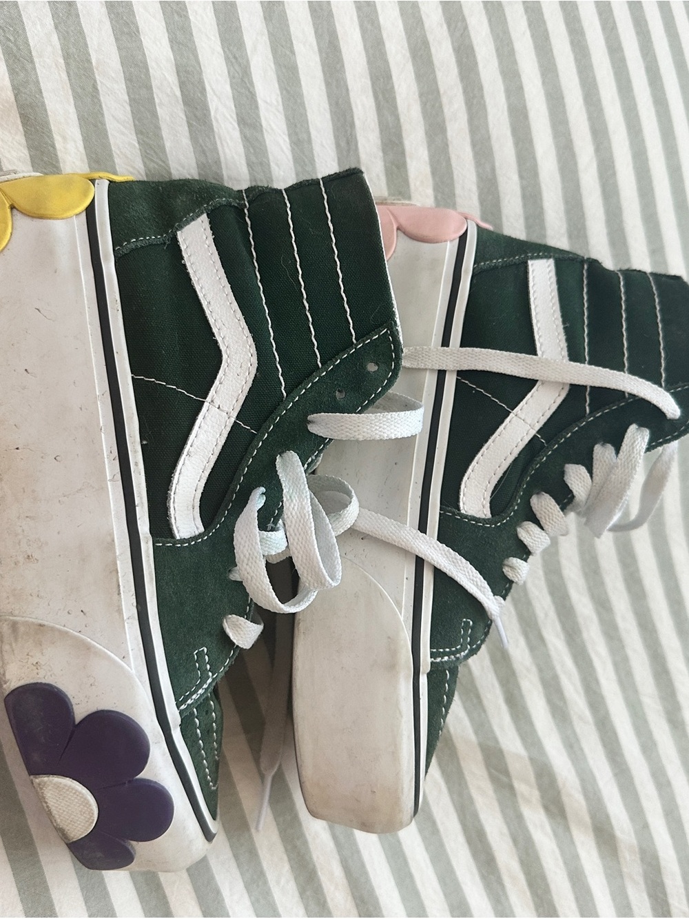 Vans Green and White High-Top Platform Sneakers with Flower Accent